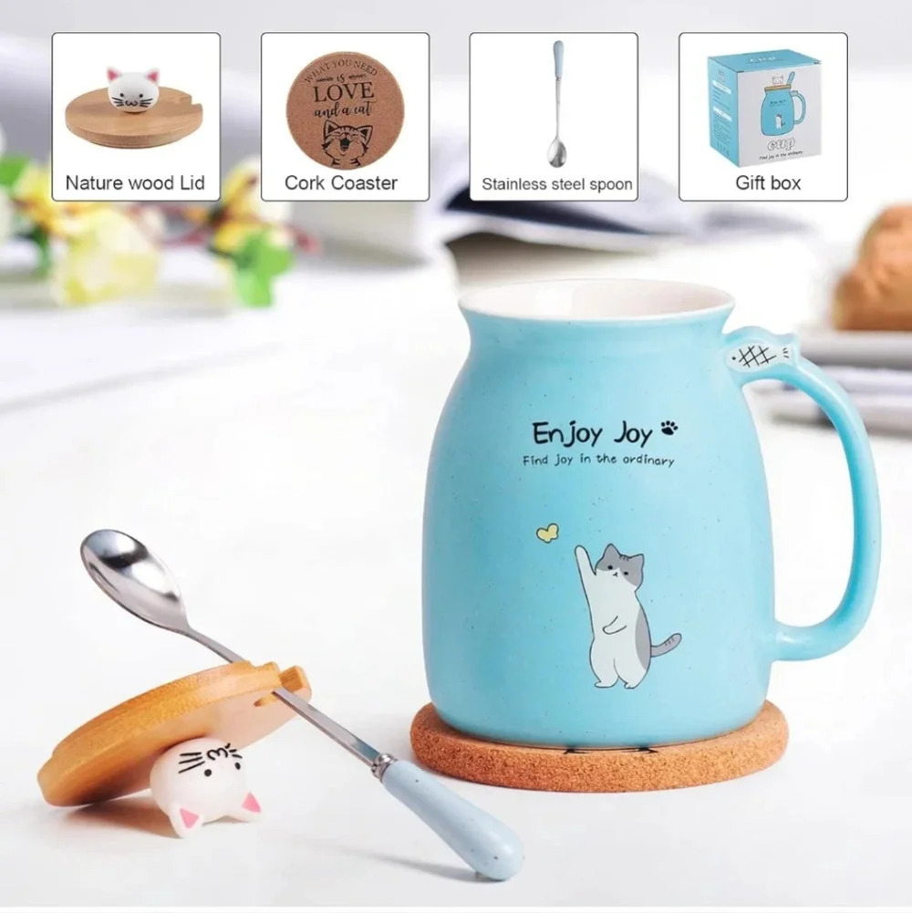Cute Cat Cup Ceramic Coffee Mug with Kawaii Cat Wooden Lid, Lovely Stainless Ste